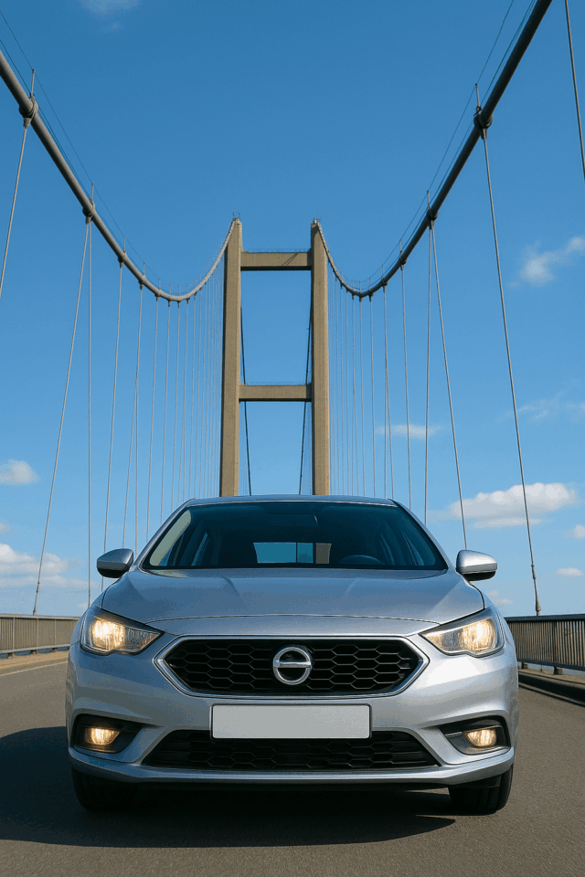 A silver car on the road deck of the Humber Bridge seen from the front, with one of the bridge's towers visible in the background against a blue, cloudy sky.
